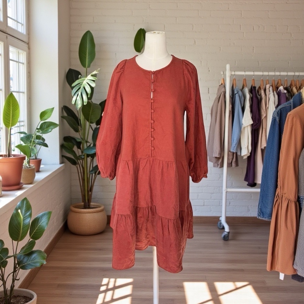 Madewell Rust Flannel Button-Front Tiered Dress • Boho Cottagecore Long Sleeve
